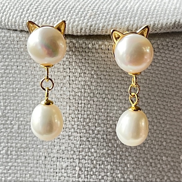 Unbranded Other - 18K Gold Plated Over 925S Silver 8mm Freshwater Pearl Earrings Big Kitten Shaped